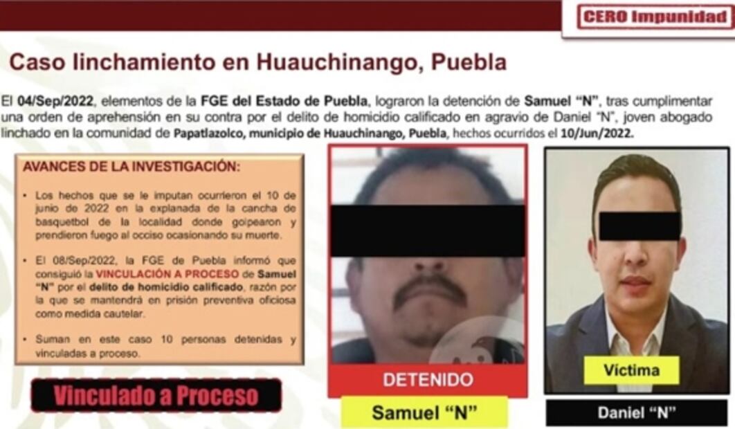 Suman 10 detenidos y vinculados a proceso por linchamiento de Daniel Picazo en Puebla: SSPC