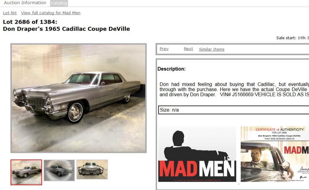 El Cadillac de Don Draper es el objeto más valioso a subastar Foto: Tomada de http://auction.screenbid.com