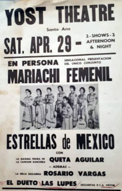 Cartel del Mariachi Femenil Estrellas de México invitando a una presentación en el teatro Santa Ana. Colección Particular, cortesía.
