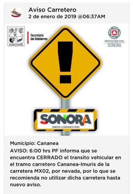 Nieve bloquea tránsito en carreteras de Sonora y evita circulación hacia Chihuahua