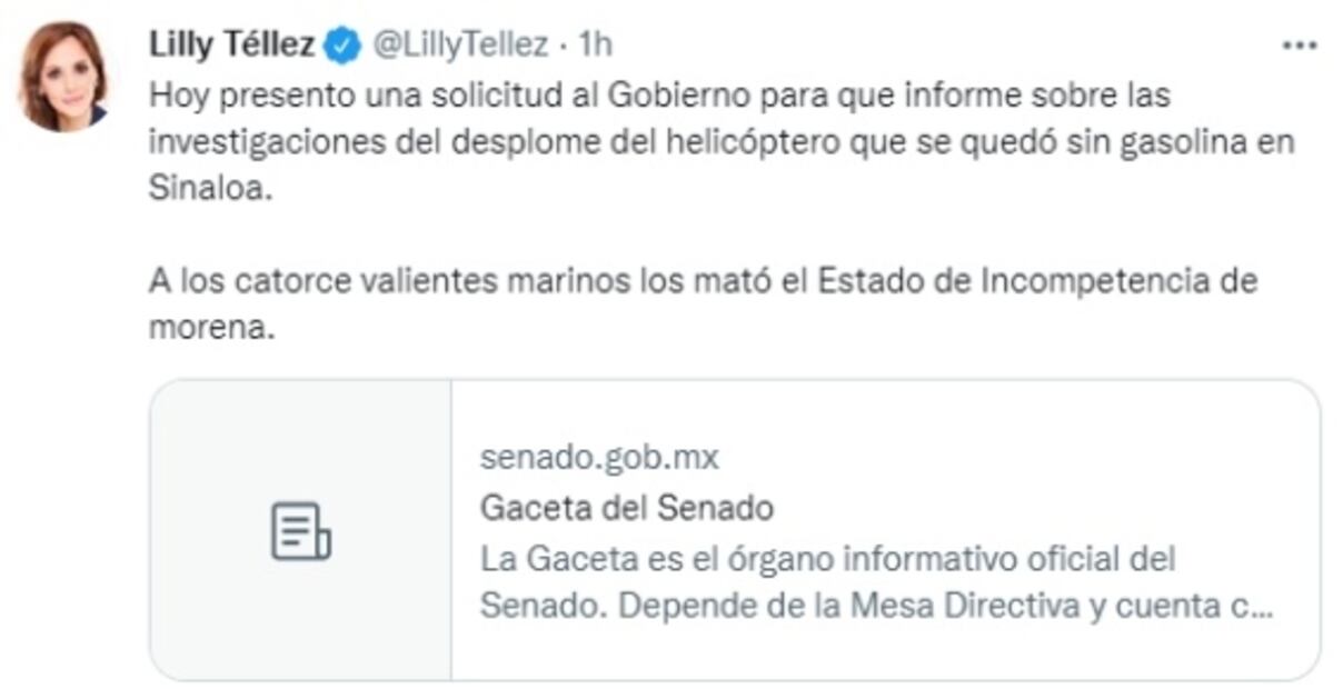 Lilly Téllez hace 16 preguntas a AMLO por desplome de helicóptero de Semar en captura de Caro Quintero