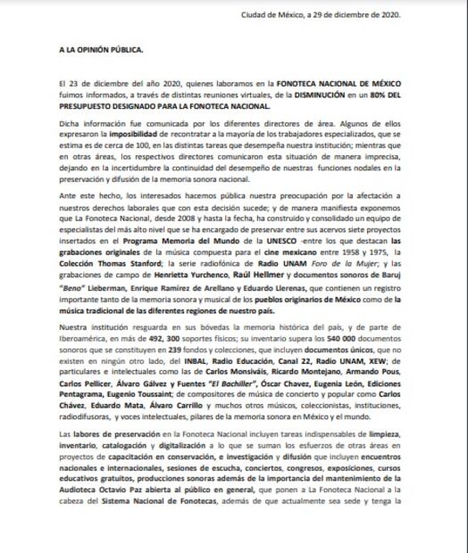 Trabajadores de la Fonoteca Nacional dicen que sí les informaron de la disminución del 80% del presupuesto