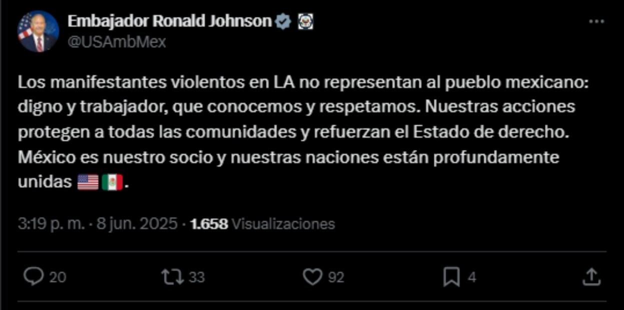 "México es nuestro socio y nuestras naciones están profundamente unidas", resaltó el embajador Ronald Johnson. Foto: Captura