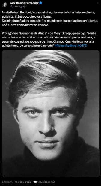 Despiden a Robert Redford con las mejores frases e imágenes en X. Fuente: X