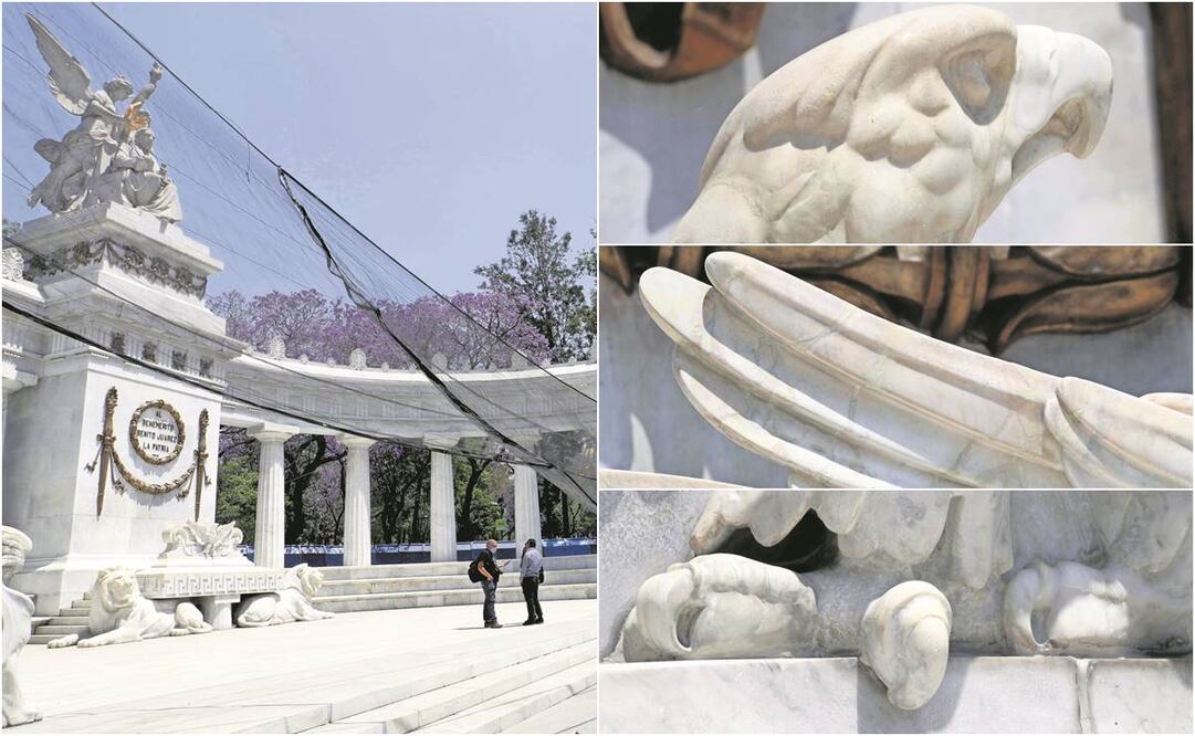 Expertos del Centro Nacional Conservación y Registro del Patrimonio Artístico Mueble trataron manchas de pinturas y desprendimientos en piezas como el águila central y leones del monumento. Foto: JUAN BOITES/ EL UNIVERSAL