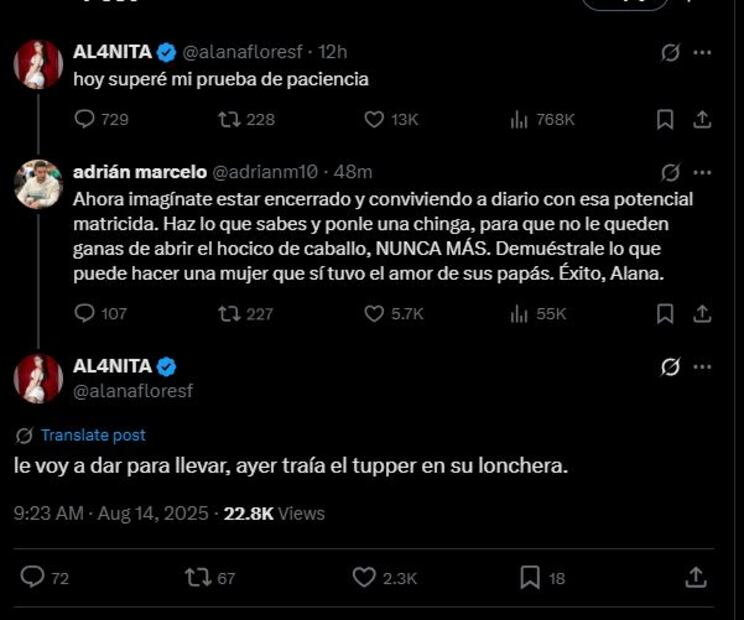 En medio de esta controversia, Adrián Marcelo respondió a una publicación de Alana en X.
Foto: Captura de pantalla en X