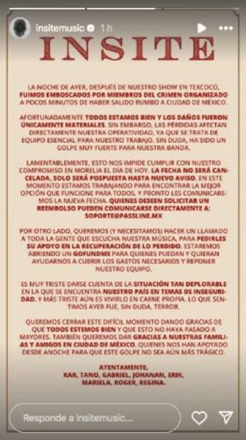 A través de este comunicado la banda denunció haber sido víctima de la delincuencia. Foto: Instagram.
