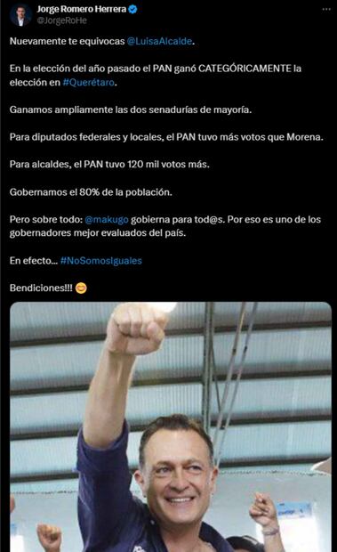 "Nuevamente te equivocas, Luisa Alcalde", respondió el dirigente panista en respaldo a Mauricio Kuri. Foto: Captura