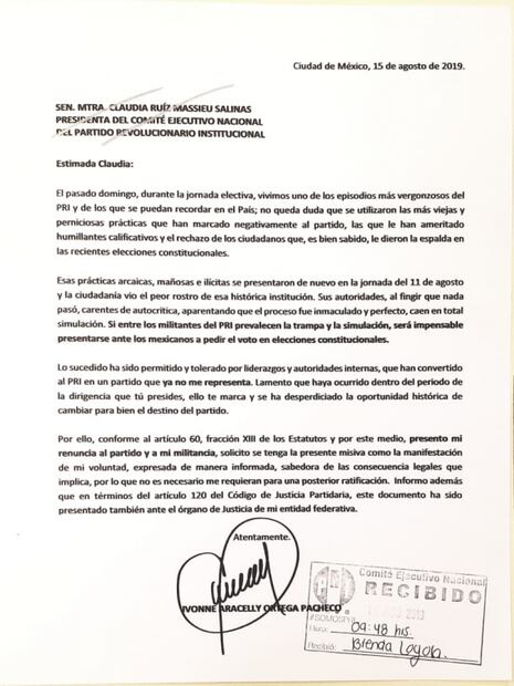 El PRI solo tiene una ruta: la extinción, y otras expresiones de Ivonne Ortega en su carta de renuncia