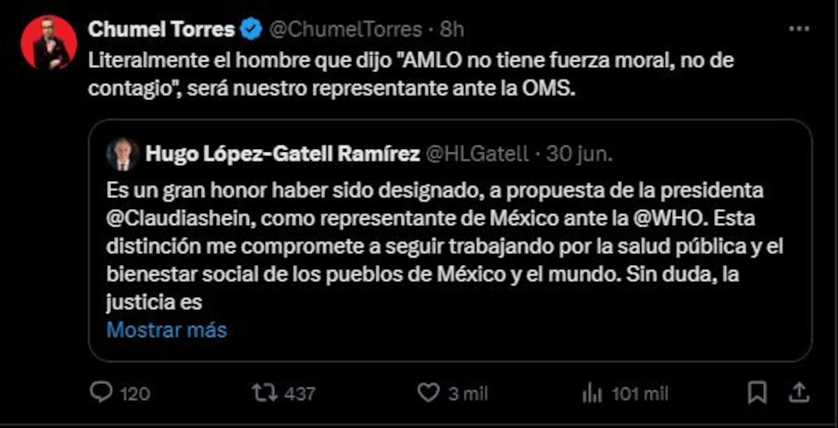 Chumel Torres y Laisha Wilkins expresan escepticismo y crítica ante el nombramiento de López‑Gatell como representante de México ante la OMS. Foto: Captura de pantalla