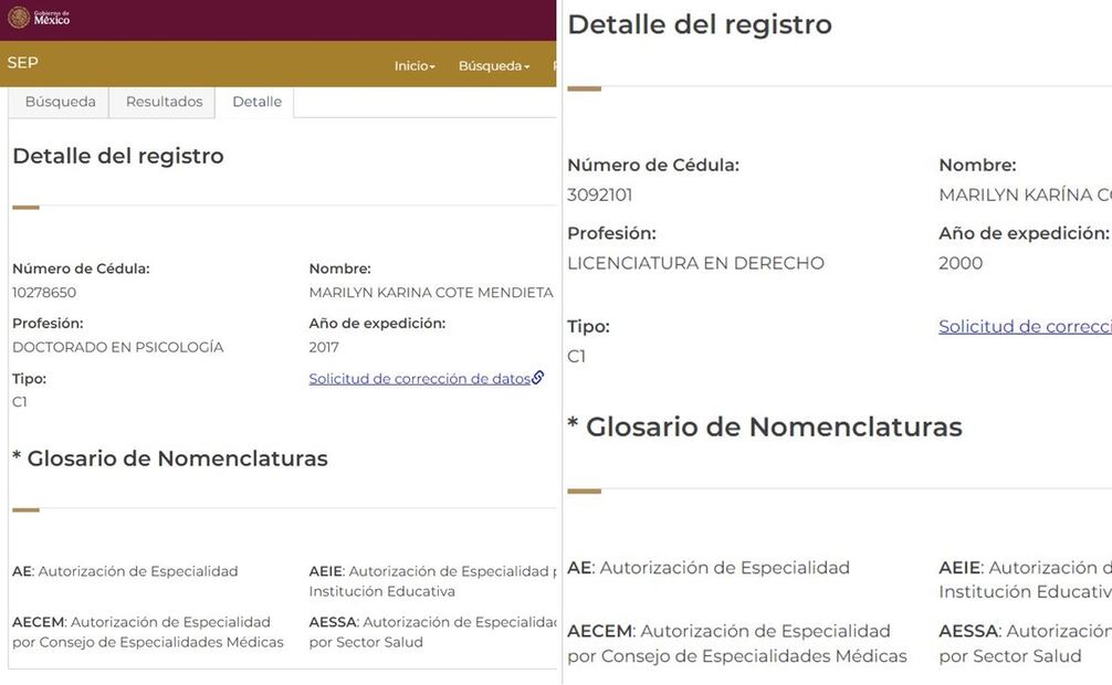 cuenta con doctorado en derecho, con maestría en Criminalística y Doctorado en Psicología.
Foto: Captura de pantalla en Registro Nacional de Profesionistas del Gobierno de México