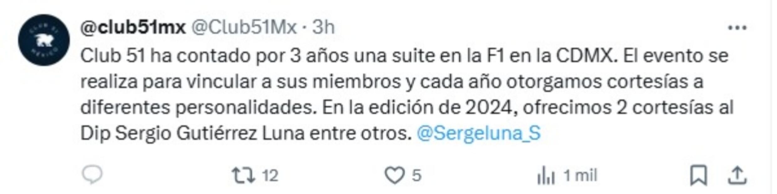 Club 51 confirma que dio dos cortesías a Gutiérrez Luna para la F1 en 2024. Foto: Captura @Club51Mx