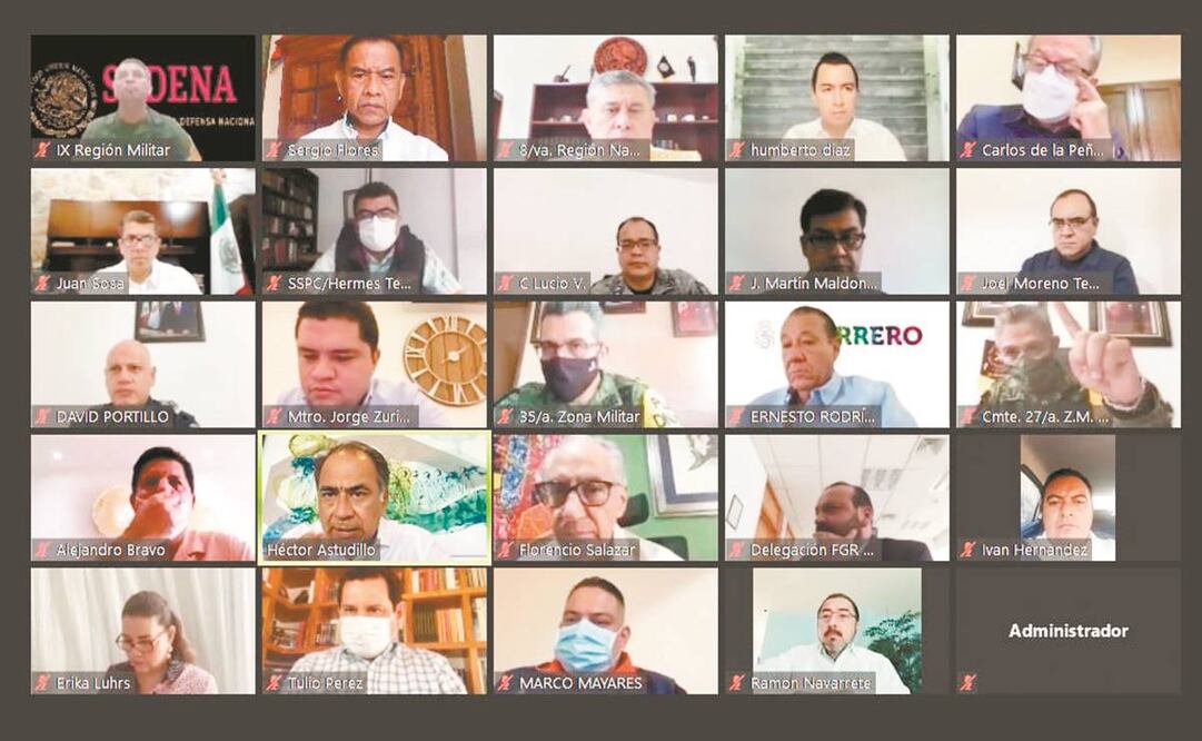 Autoridades del estado de Guerrero y militares tuvieron una reunión virtual para analizar los avances en seguridad. Foto: Especial.
