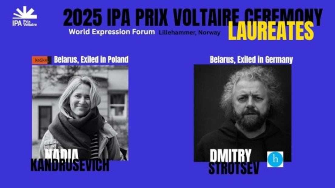 Los editores bielorrusos Nadia Kandrusevich, de Koska, y Dmitri Strotsev, de Hochroth Minsk, recibieron conjuntamente el Premio Prix Voltaire 2025 de la Asociación Internacional de Editores durante una ceremonia en el Foro Mundial de la Expresión en Lillehammer, Noruega, el pasado 2 de junio. Crédito: IPA