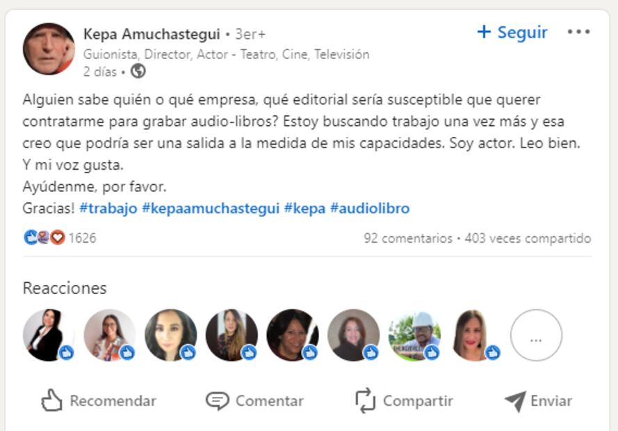 Publicación de Kepa Amuchastegui. Fuente: Captura de LinkedIn