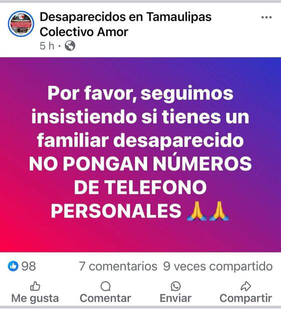 Colectivo Amor por los Desaparecidos en Tamaulipas lanzó un llamado para evitar fraudes a familias de desaparecidos (29/06/2025). Foto: Especial