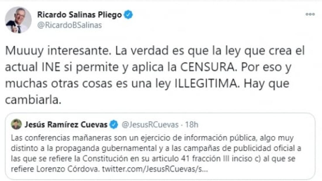 La ley que crea el actual INE sí permite y aplica la censura: Salinas Pliego