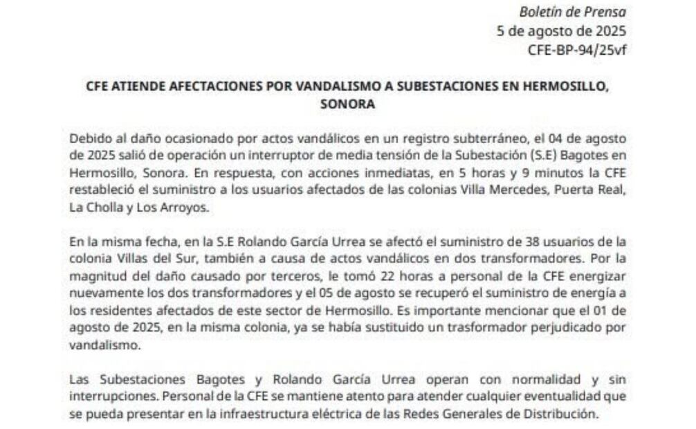 CFE denuncia actos vandálicos en subestaciones (05/08/2025). Foto: Especial