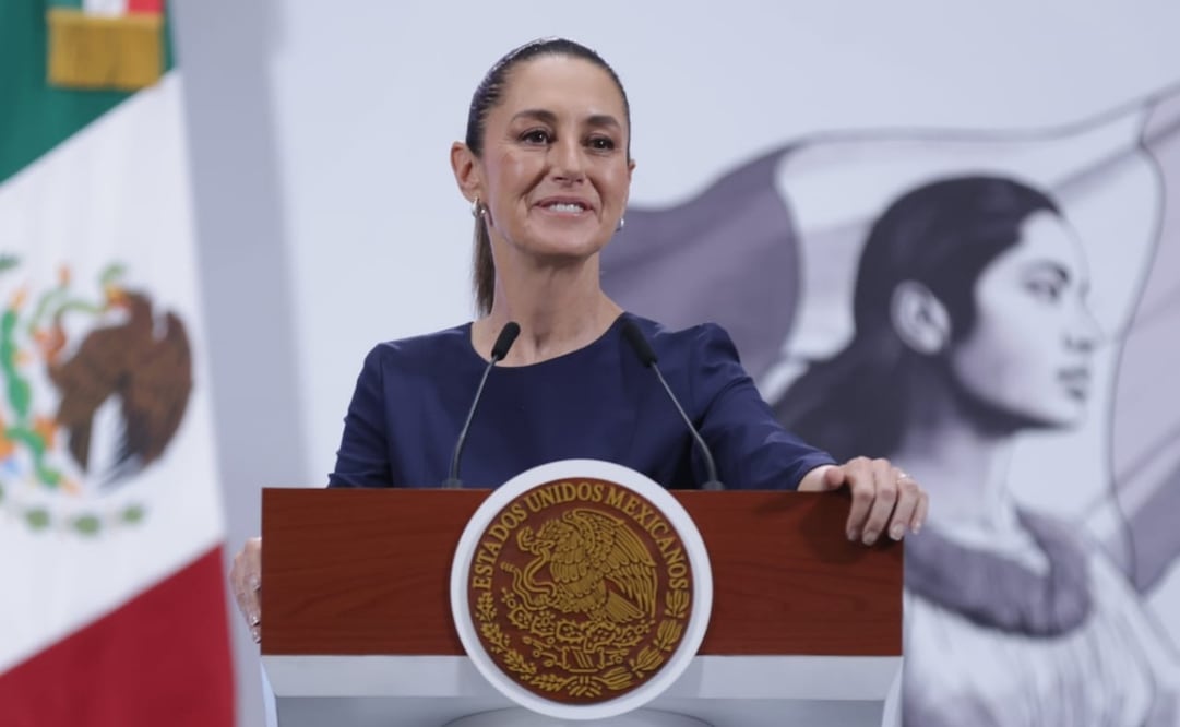 Claudia Sheinbaum en Palacio Nacional durante su conferencia matutina el 8 de agosto de 2025. Foto: Fernanda Rojas / EL UNIVERSAL