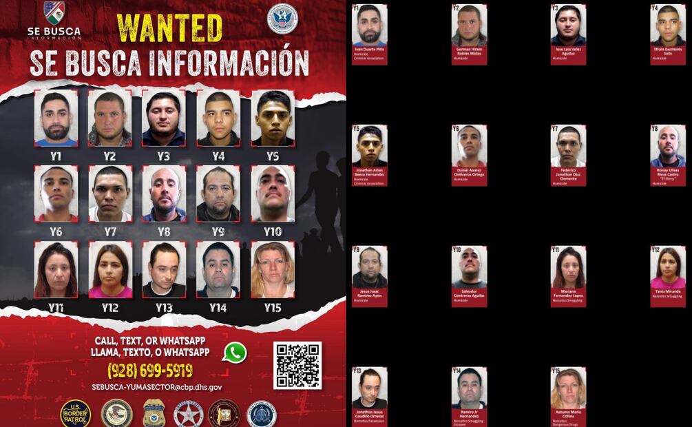 Revelan rostros de 15 objetivos asociados con tráfico de personas y drogas en frontera de México y EU (13/06/2025). Foto: Especial