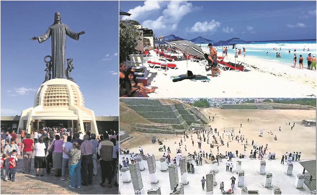 Turistas en el santuario de Cristo Rey, en Guanajuato; en la playa de Cancún, Quintana Roo, y en los Atlantes de Tula, Hidalgo. Fotos: Xóchitl Álvarez, Adriana Varillas y especial 