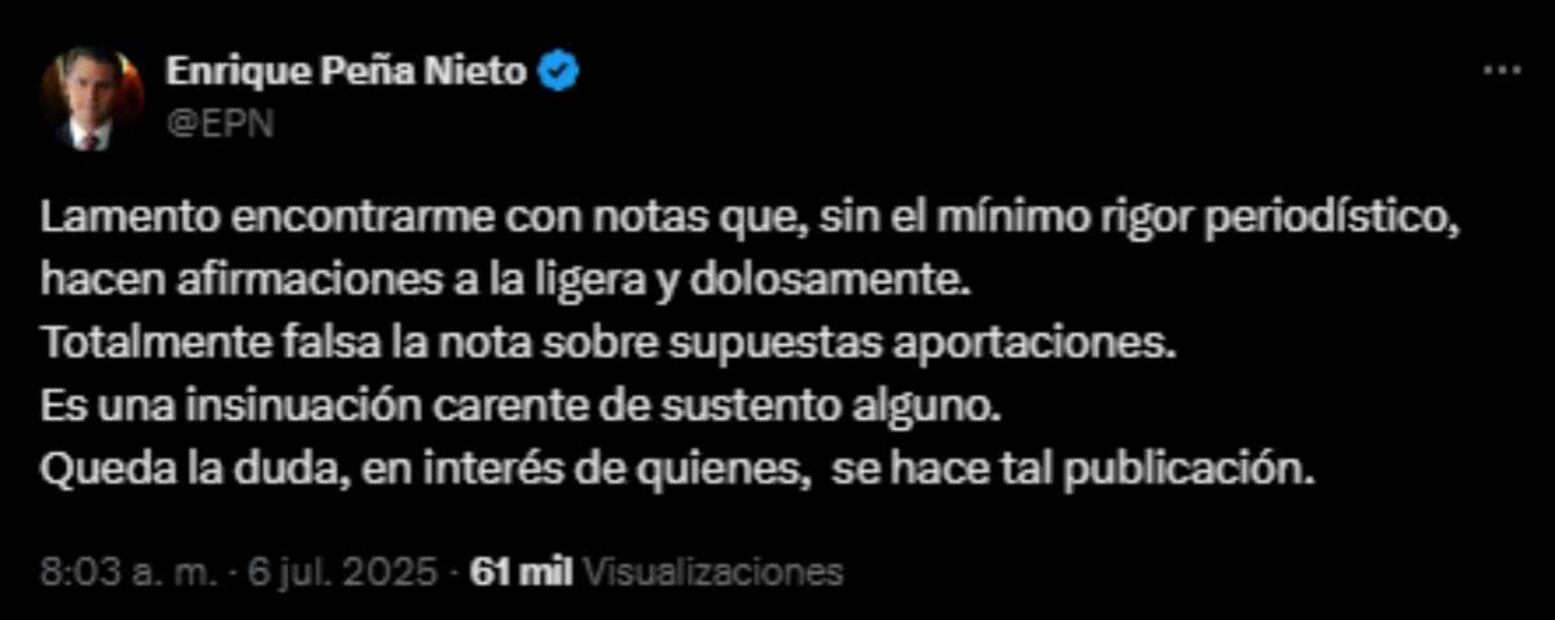 El expresidente Enrique Peña Nieto respondió por medio de su cuenta de X, este 6 de julio del 2025, al medio de comunicación israelí, tras lo señalado en una publicación. Foto: Captura de pantalla de la cuenta de X de @EPN.