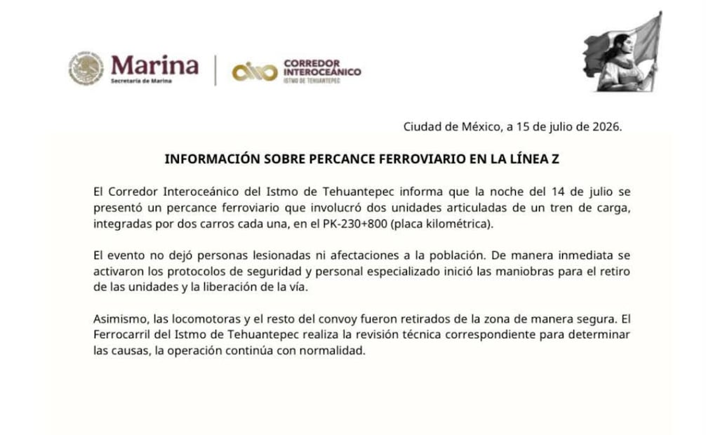 Comunicado del nuevo percance del Tren Interoceánico (15/07/2026). Foto: Facebook Ferrocarril Interoceánico