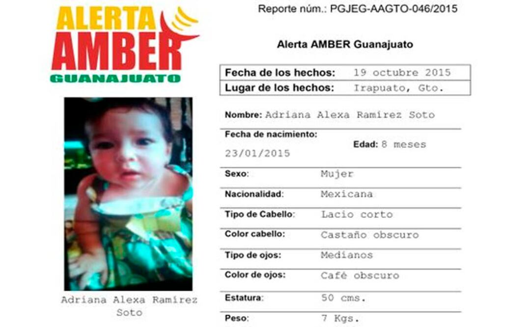 La niña tiene cabello corto y lacio color castaño oscuro, ojos color café oscuro, estatura 50 centímetros y pesa siete kilos. (Foto: Especial)