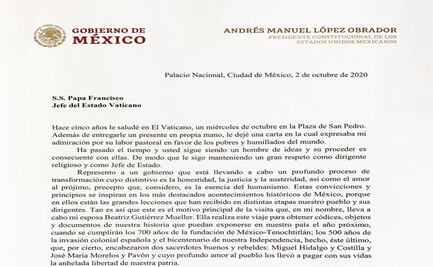AMLO difunde carta íntegra que mandó con Beatriz al Papa Francisco