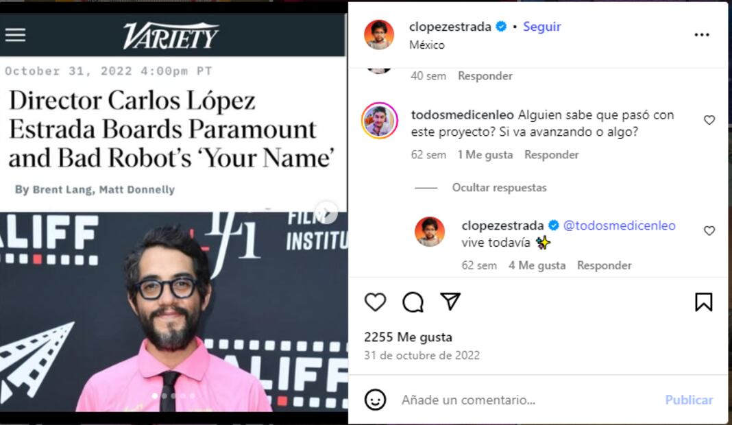 El director Carlos Estrada dio a conocer la noticia a través de redes sociales. Foto: Captura de pantalla
