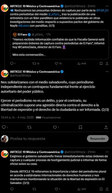 Artículo 19 rechaza presuntas órdenes de aprehensión contra el medio salvadoreño, El Faro. Imagen: Captura de pantalla de la cuenta de X de @article19mxca