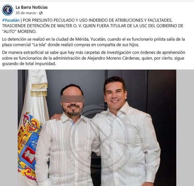 Imagen de redes sociales de medio local en el que se reportó la detención del extitular de Comunicación Social en el gobierno de Alito Moreno. Foto: Especial