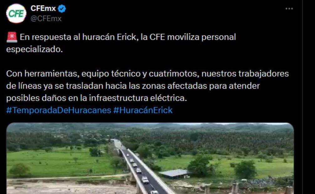 CFE traslada a personal especializado a zonas afectadas tras paro de Erick (18/06/2025). Foto: Captura de video