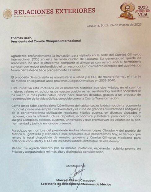 La carta que Marcelo Ebrard entregó a Thomas Bach