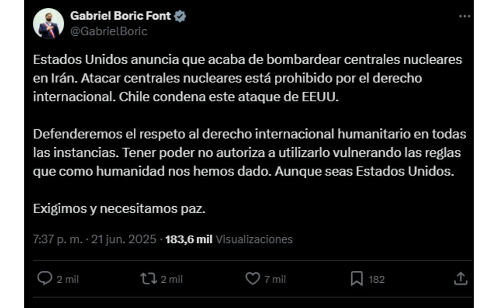 Gabriel Boric, a través de su cuenta de X, condena el ataque de Estados Unidos a Irán. (21/06/25) Foto: Captura de pantalla