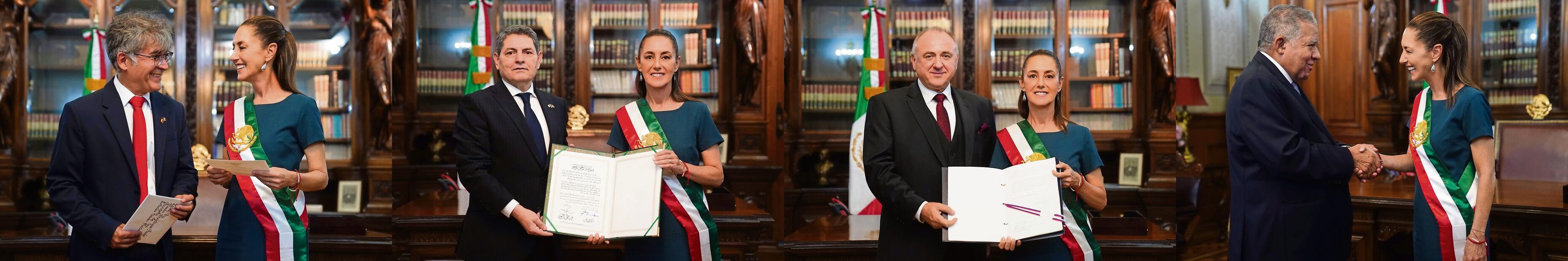 La presidenta Claudia Sheinbaum recibió en Palacio Nacional las cartas credenciales de los embajadores de República de Colombia, Carlos Fernando García Manosalva; de la República Argelina Democrática y Popular, Messaoud Mehila; de República Eslovaca, Milan Cigán, y de República Dominicana, Juan Bolívar Díaz Santana. Fotos: Especiales