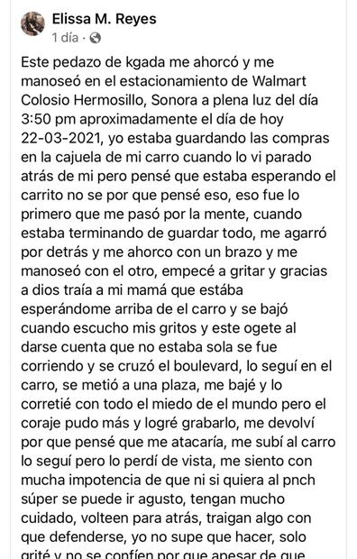 Joven denuncia que fue atacada y "manoseada" en el estacionamiento de un supermercado de Sonora