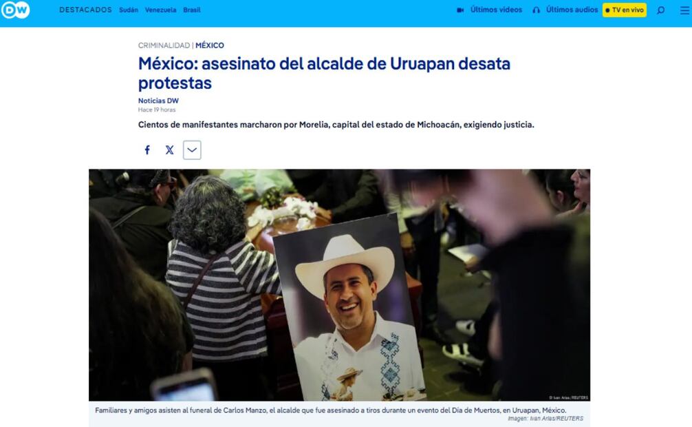 Cobertura de DW  sobre el asesinato de Carlos Manzo. Foto: Captura de pantalla