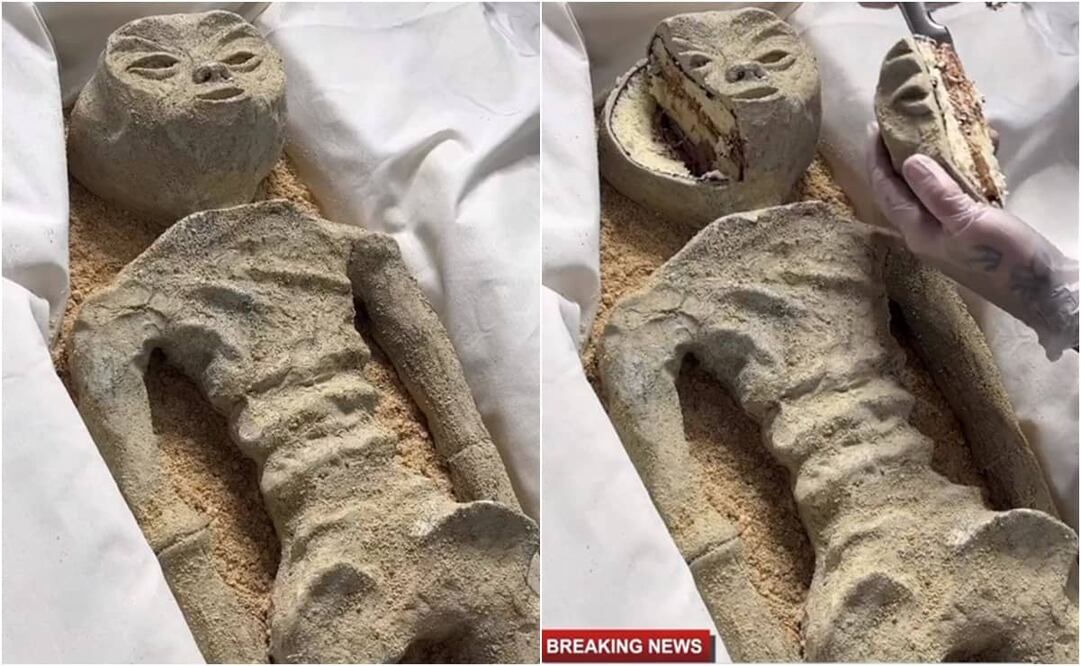 En la grabación se observa una réplica exacta del alienígena, mientras una persona corta la parte de la cara para disfrutar del postre. Foto: plataforma X. @pubity