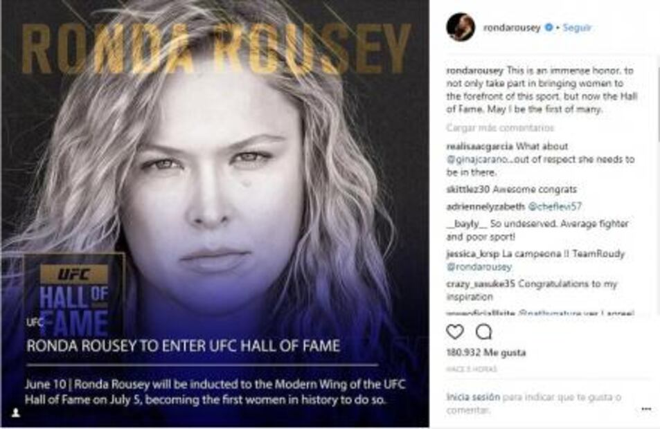 Ronda Rousey, primera mujer inducida al Salón de la Fama de la UFC