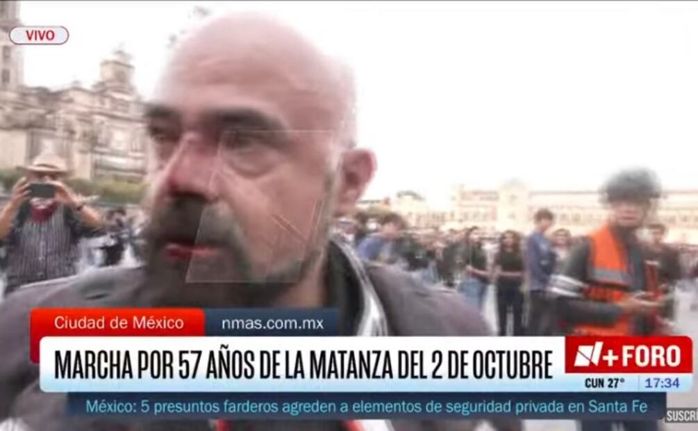 Reportero Ramkar Cruz resulta agredido durante marcha del 2 de octubre en CDMX (2/10/2025). Foto: Captura de pantalla