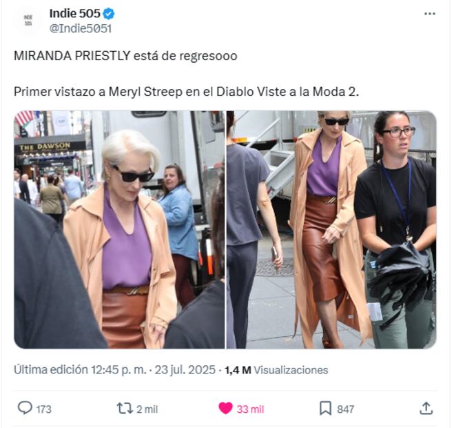 Las primeras imágenes de Meryl Streep en el set de "El diablo viste a la moda 2". Foto: X