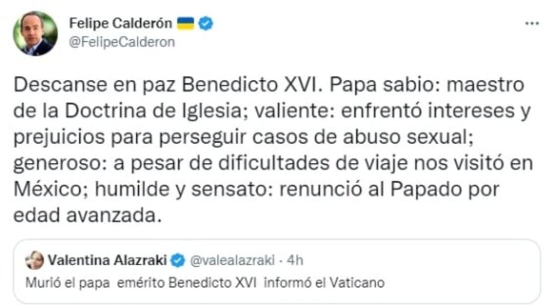 "Aprendí a quererlo": Felipe Calderón y Margarita Zavala lamentan la muerte de Benedicto XVI 