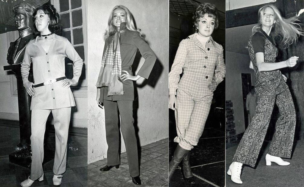 Las zapatillas de punta y tacón cuadrados, las enormes pañoletas al cuello, trajes de una pieza ceñidos al cuerpo y conjuntos de pantalón acampanado con un chaleco eran imperdibles para el guardarropa femenino de los 70. Archivo EL UNIVERSAL.