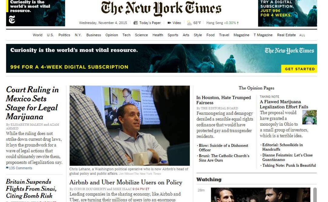 Aspecto del portal del NYT, con la nota principal sobre el tema de la marihuana en México