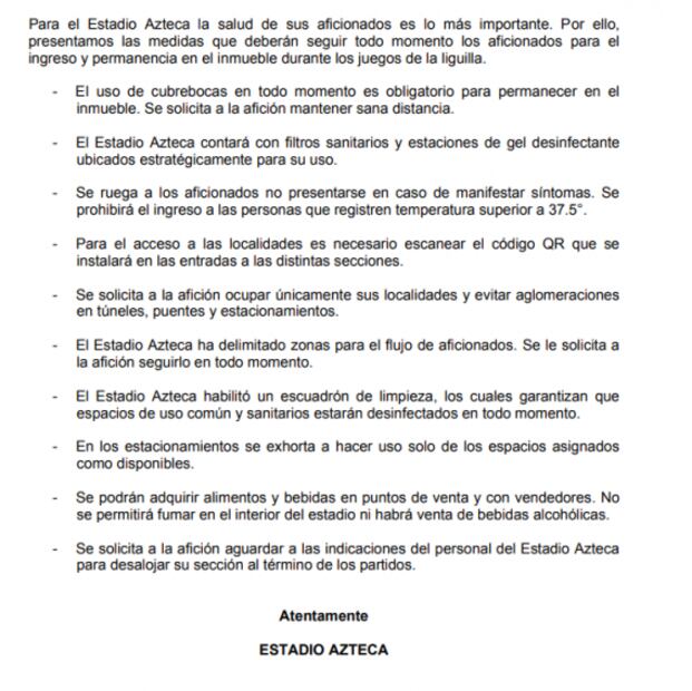 Conoce las medidas sanitarias para asistir al Estadio Azteca