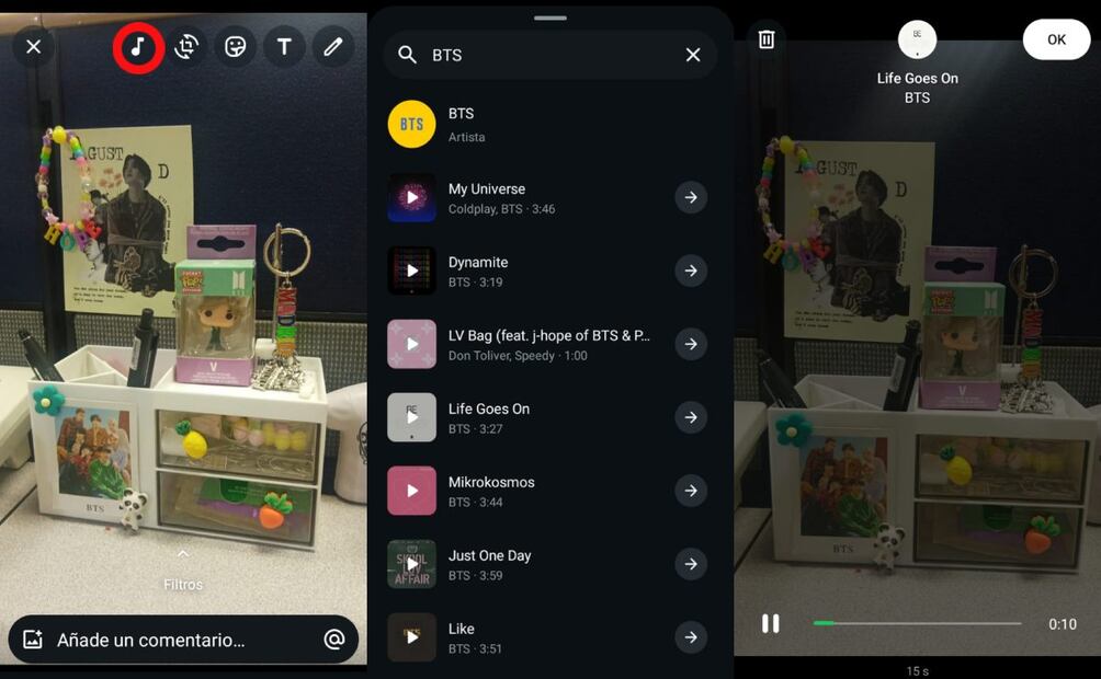 Música en los estados de WhatsApp. Imagen: captura de pantalla
