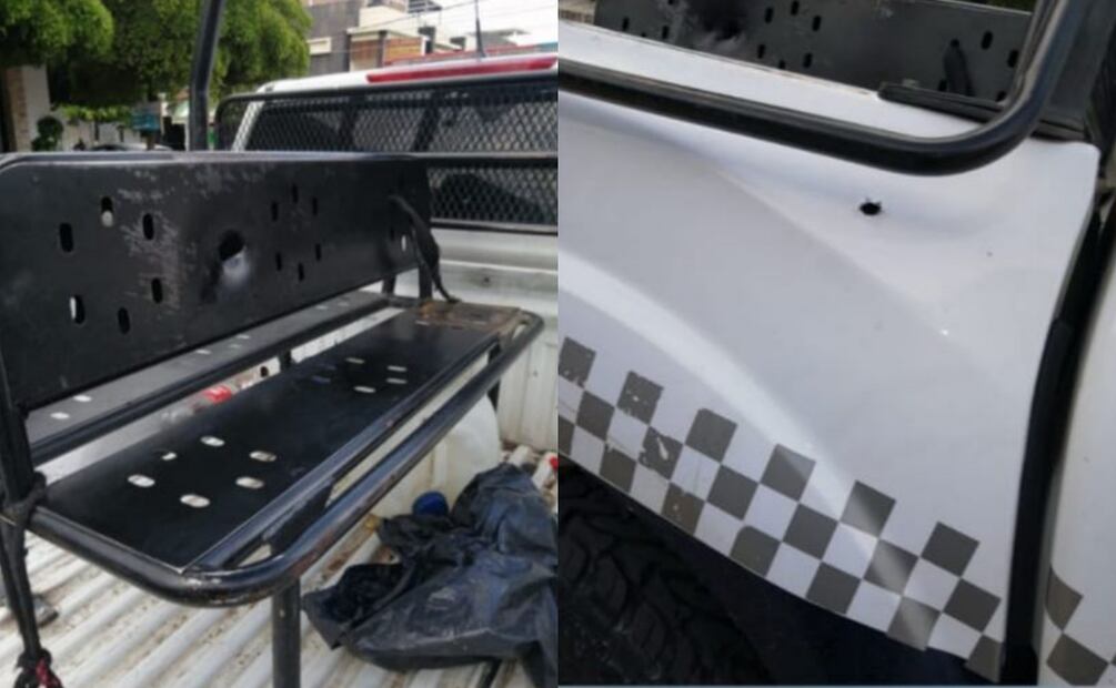 Patrullas con impactos de bala tras ataque del CMNG a policías de Buenavista, Michoacán (05/07/2025). Foto: Especial