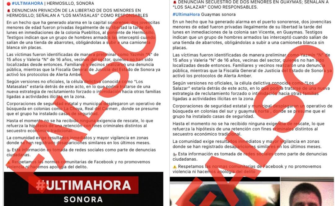 Textos que circulan en redes sociales sobre el secuestro de dos menores y que la Fiscalía de Sonora ha desmentido (30/05/2025). Fotos: Fiscalía de Sonora
