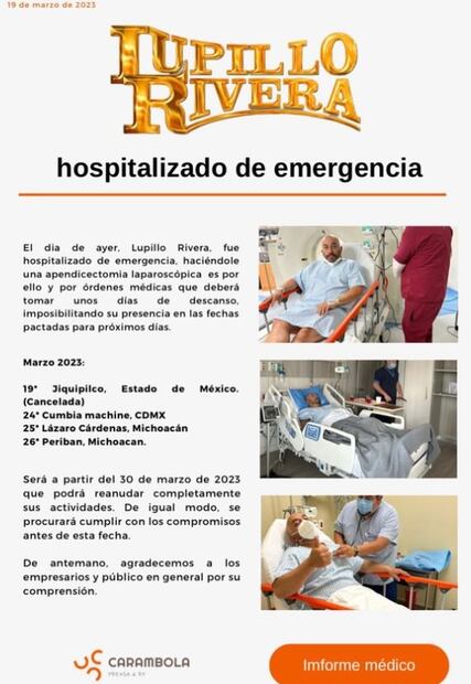 Comunicado de Lupillo Rivera en Instagram tras sufrir apendicitis el 18 de marzo de 2023